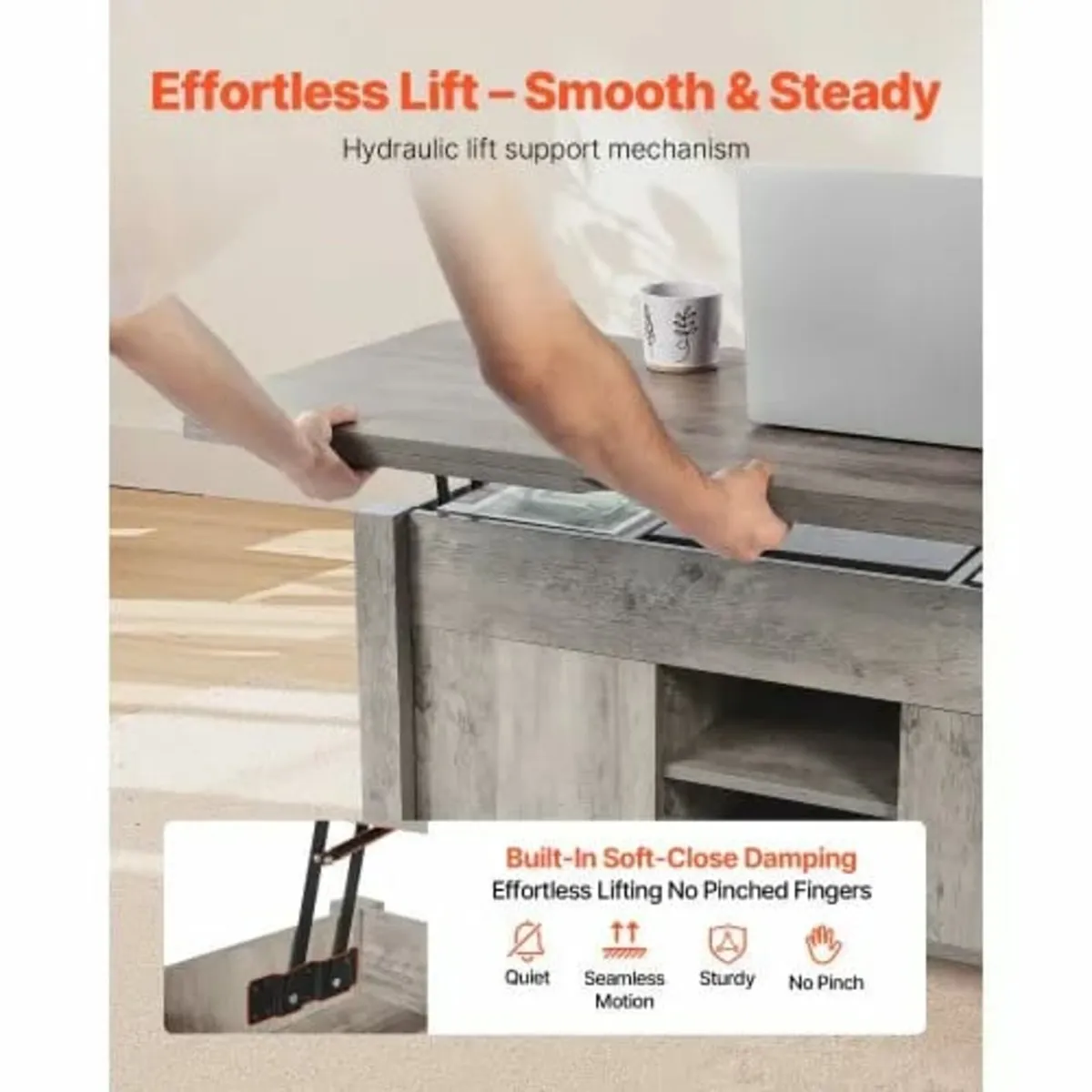 1000 mm Farmhouse Lift Top Coffee Table, Rustic Ce - Image 3