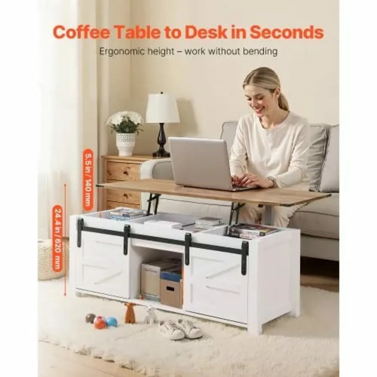 1200 mm Farmhouse Lift Top Coffee Table, Rustic Ce - Image 3