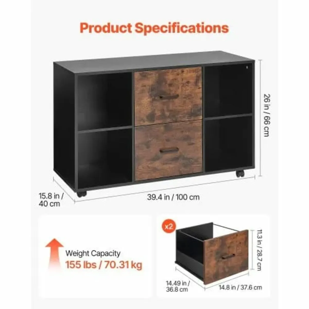 2 Drawer Wooden File Cabinet, Mobile Filing Cabine - Image 3