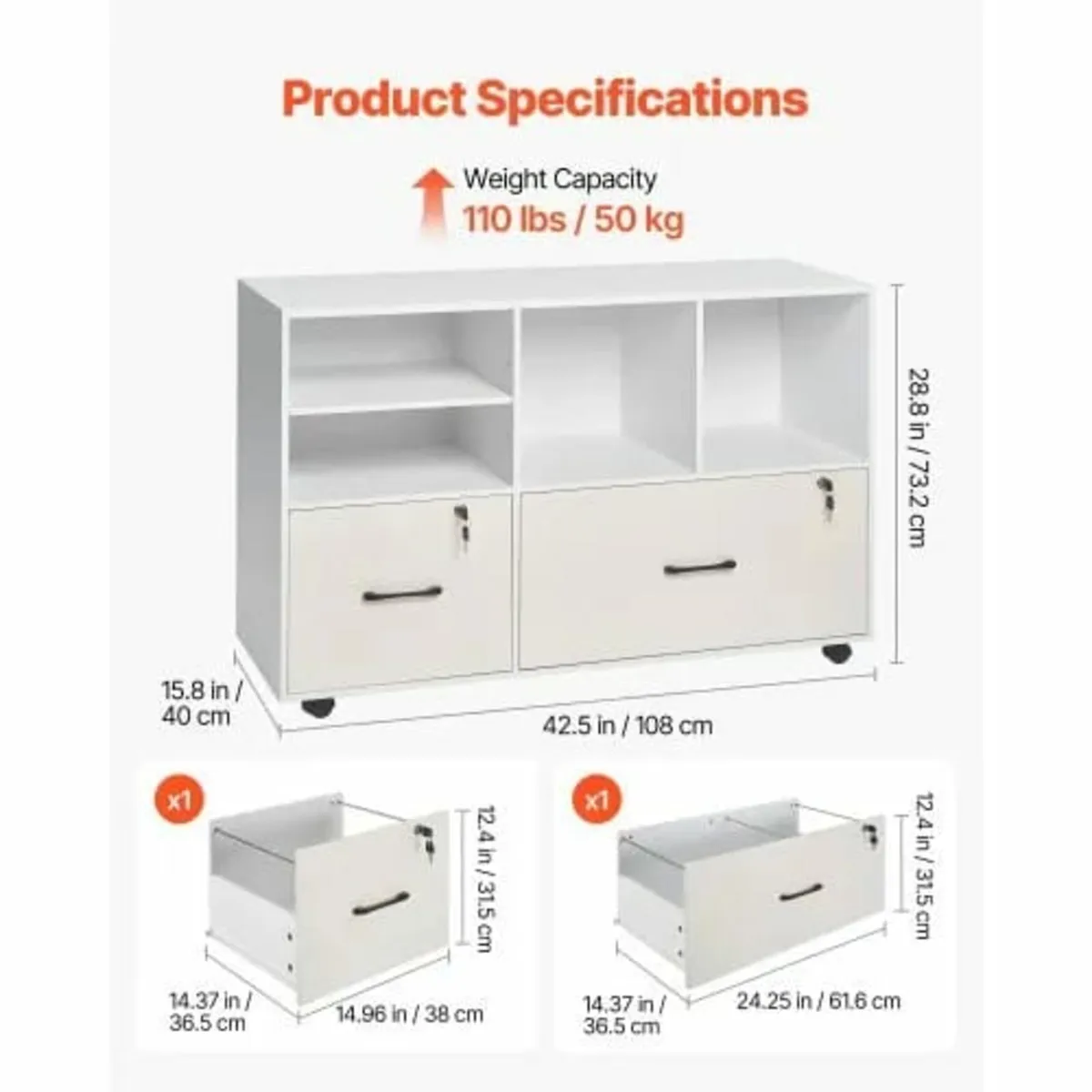 2 Drawer Wooden File Cabinet, Mobile Filing Cabine - Image 3