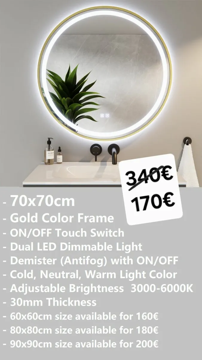 LED Bathroom Mirror Round 70cm Dual LED Defogger - Image 2