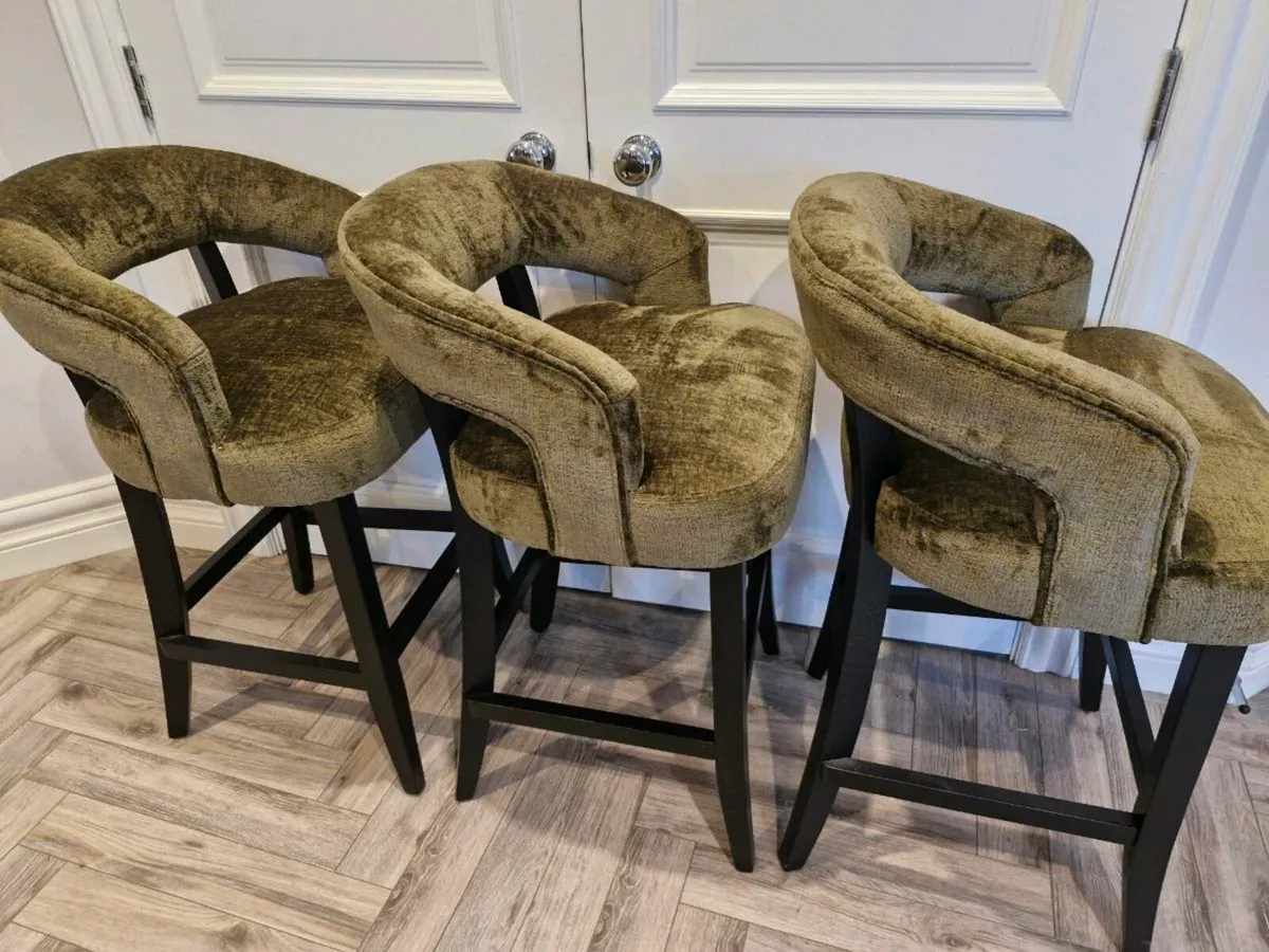 3 Barstools Moss Green Chenille - Image 2