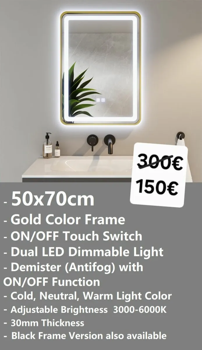 LED Bathroom Ensuite Makeup Mirror Defogger Gold - Image 2