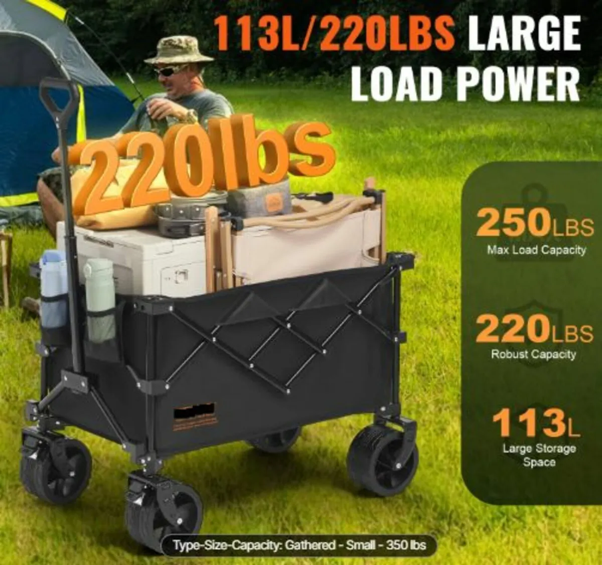 Collapsible Folding Wagon, 113 L Beach Wagon Cart - Image 2