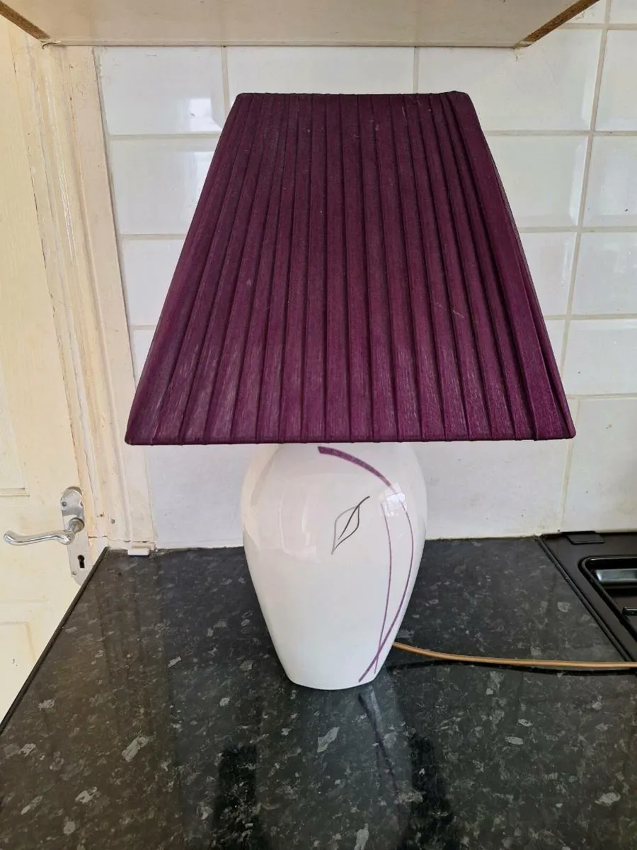 Lovely ceramic table lamp with purple shade - Image 1