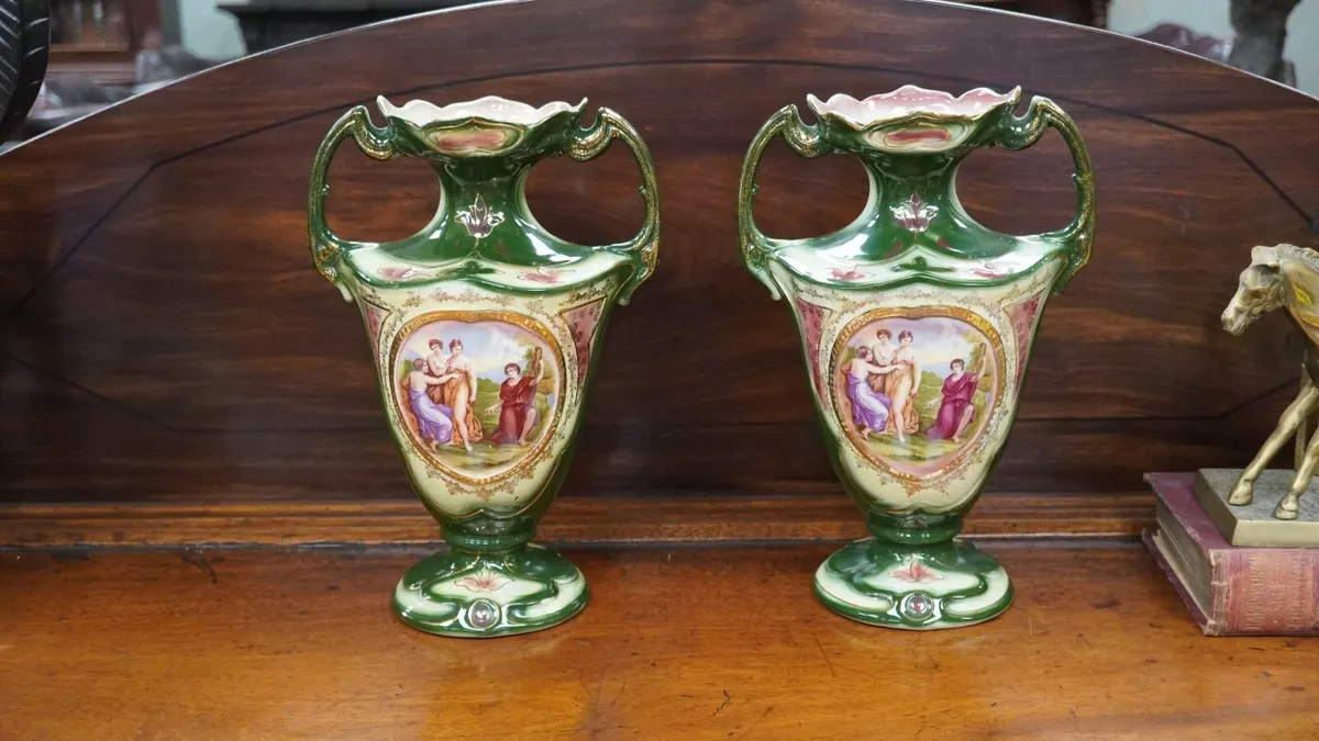 Pair of Antique Bavarian Ware Twin-Handle Vases - Image 1