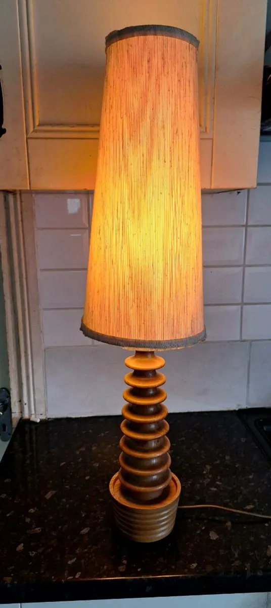 Lovely tall wooden table lamp with beige shade - Image 2