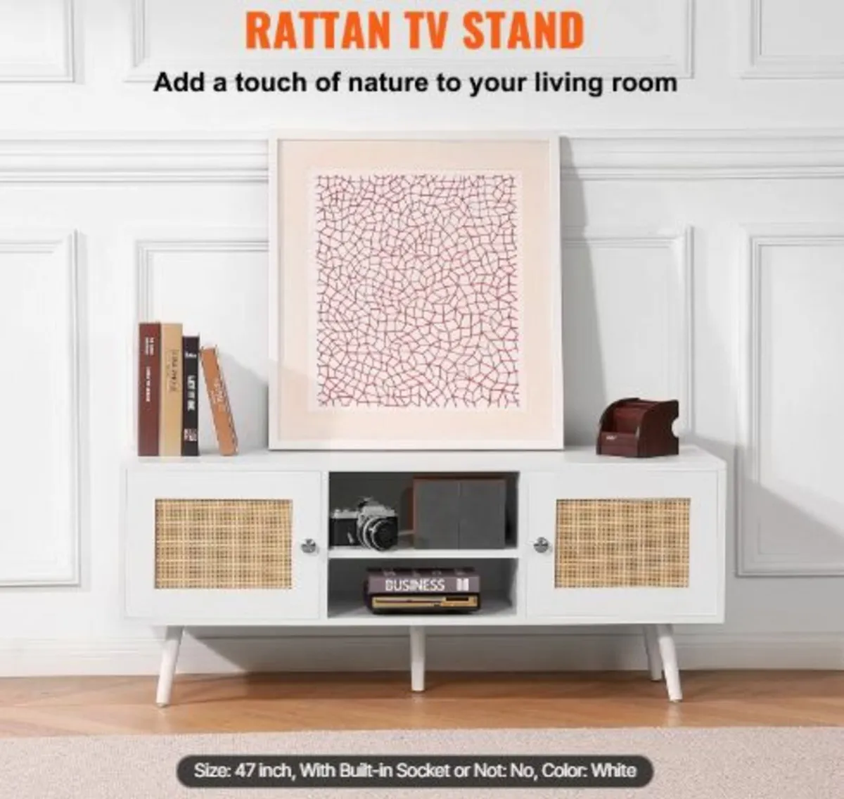 Rattan TV Stand, Boho TV Cabinet for 55 inch TV, - Image 2