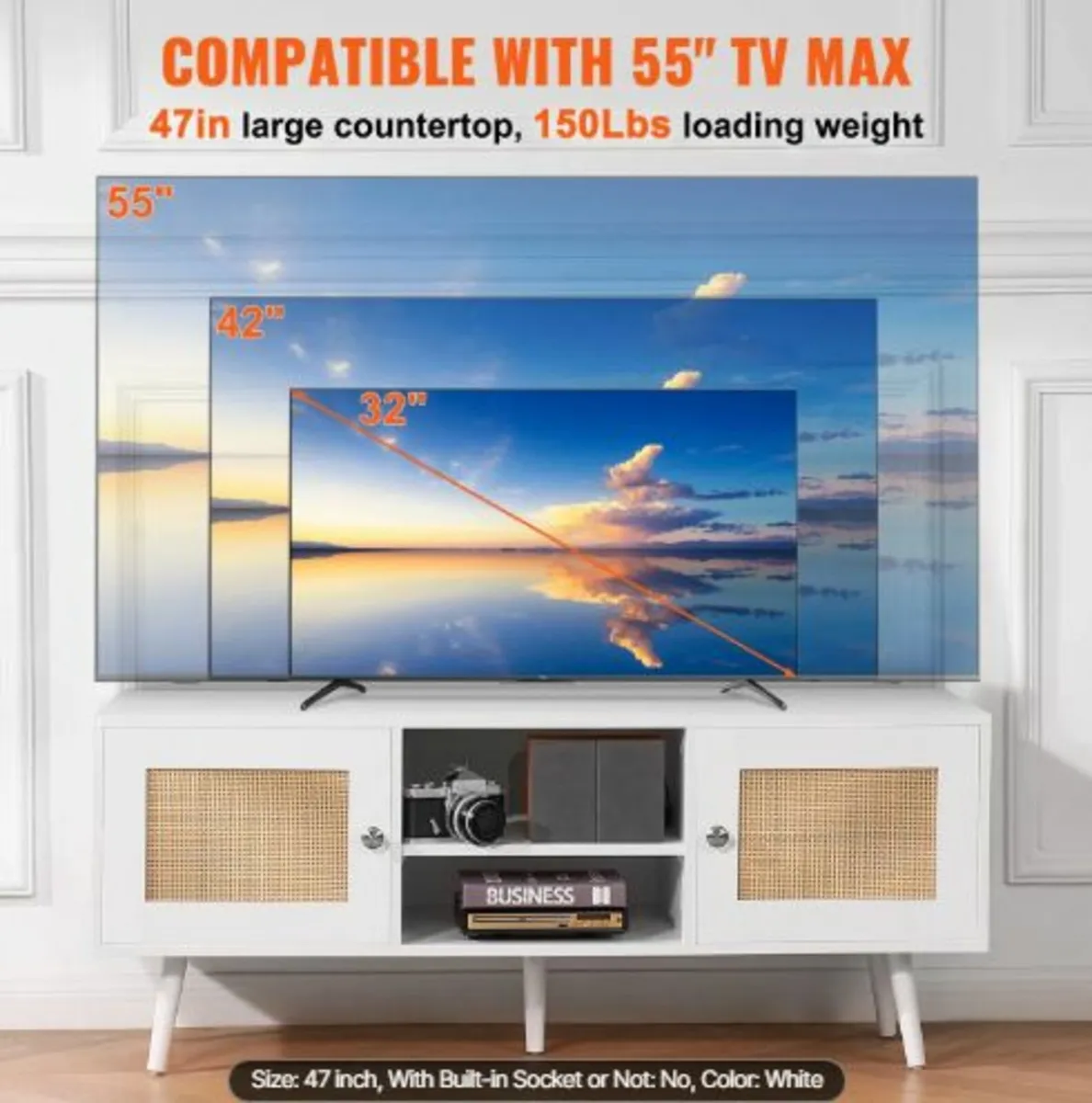 Rattan TV Stand, Boho TV Cabinet for 55 inch TV, - Image 3