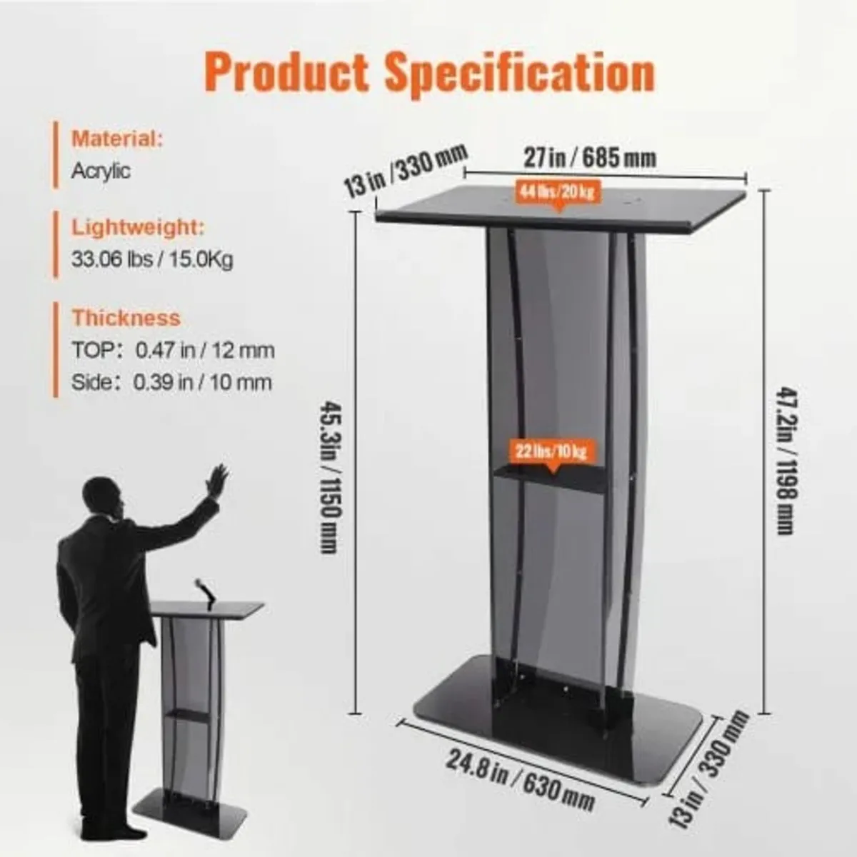 Acrylic Podium, 119 cm Tall, Acrylic Podium Stand - Image 2