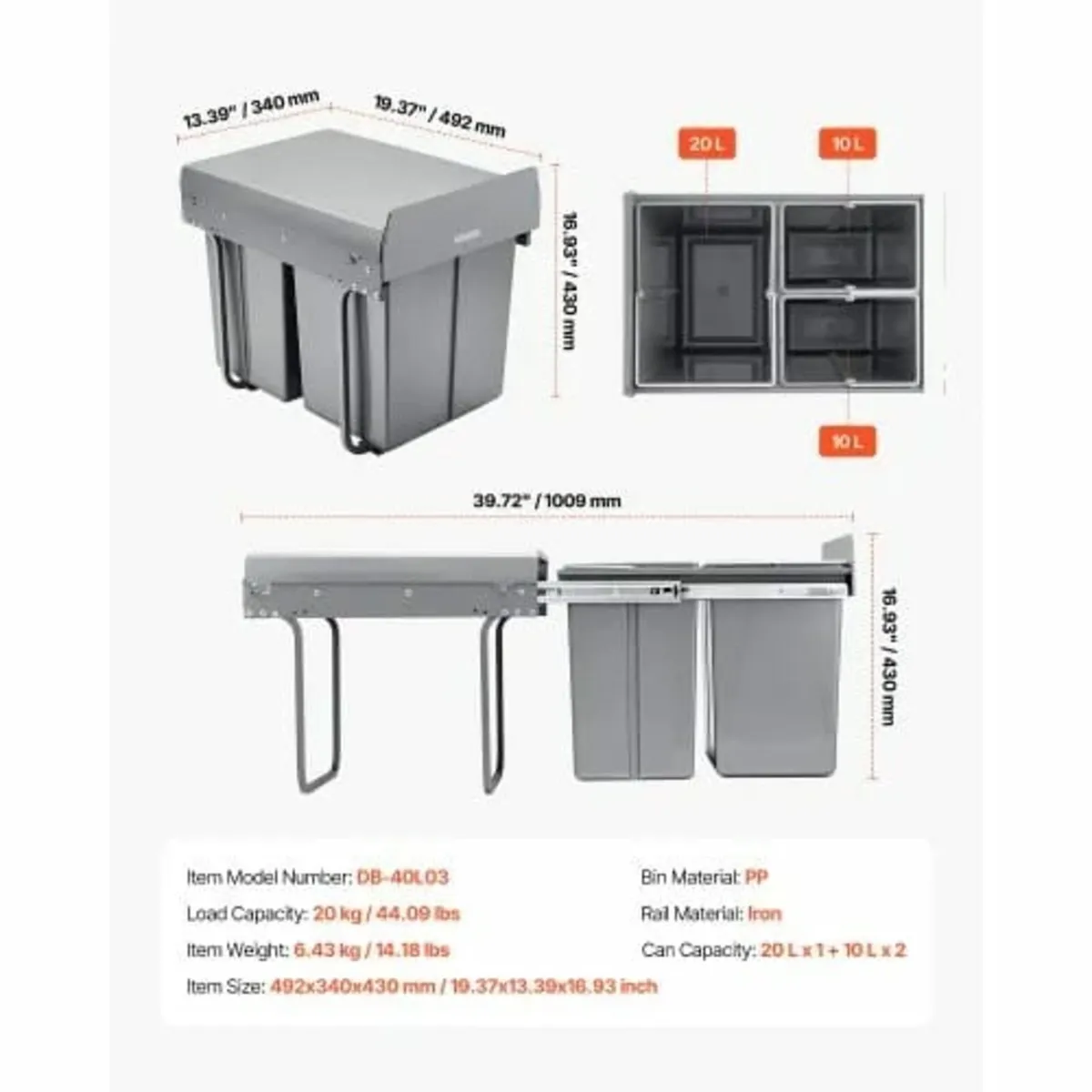 Trash Can for Kitchen Cabinets, 20+10+10L Double U - Image 2