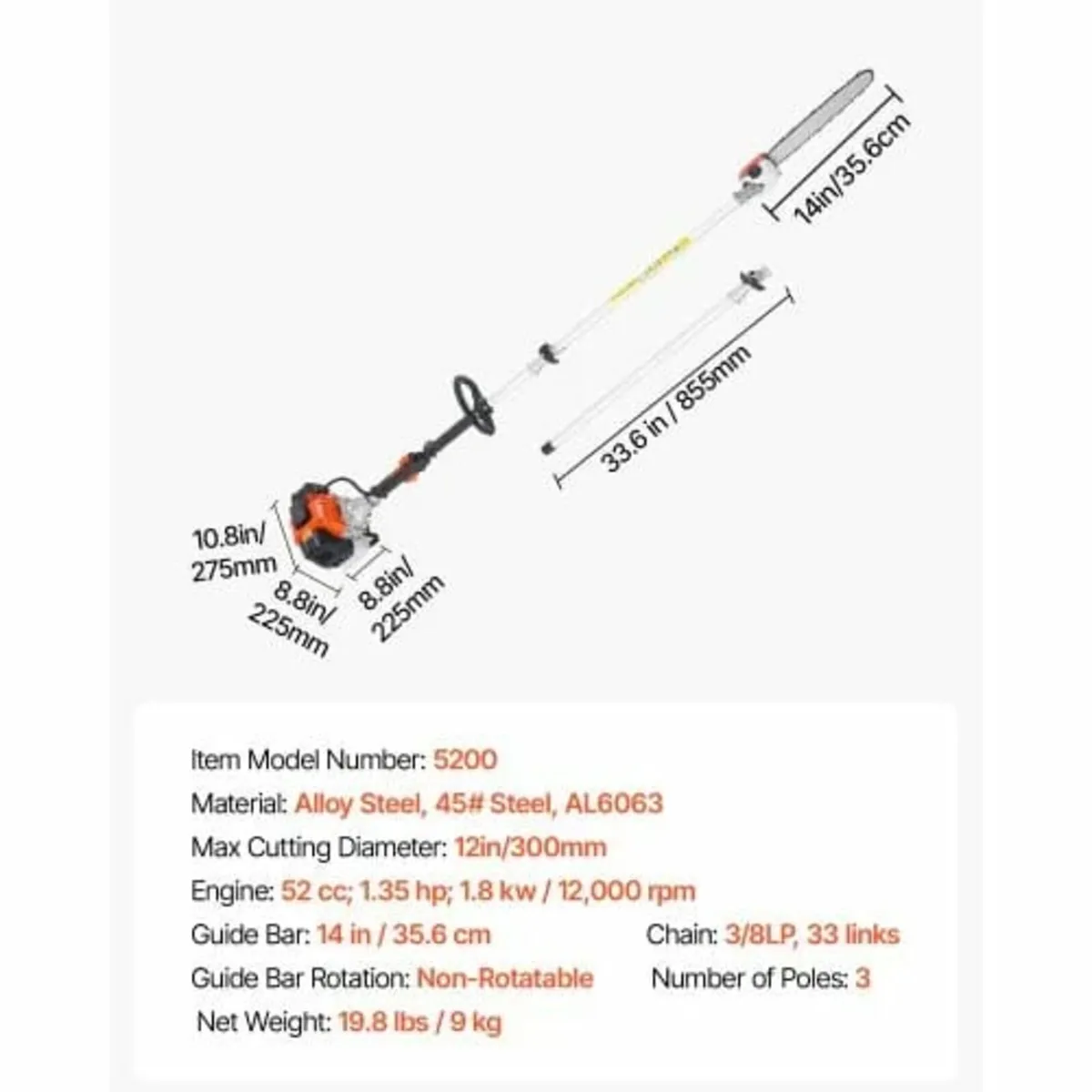 Gas Pole Saw, 33CC 2 Stroke Gas Powered Pole Saws - Image 3