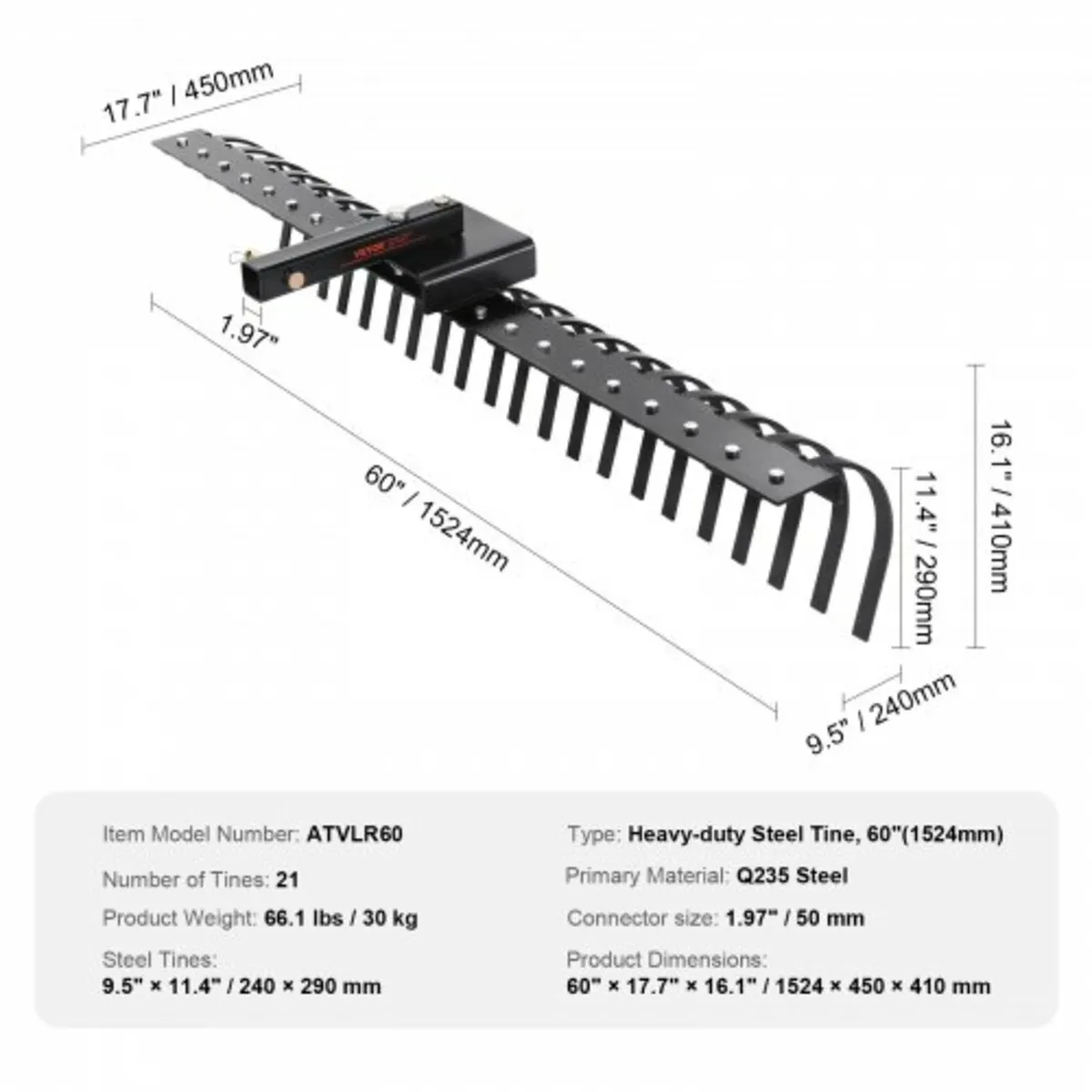 Tow Behind Landscape Rake, 60" Tow Dethatcher with - Image 4