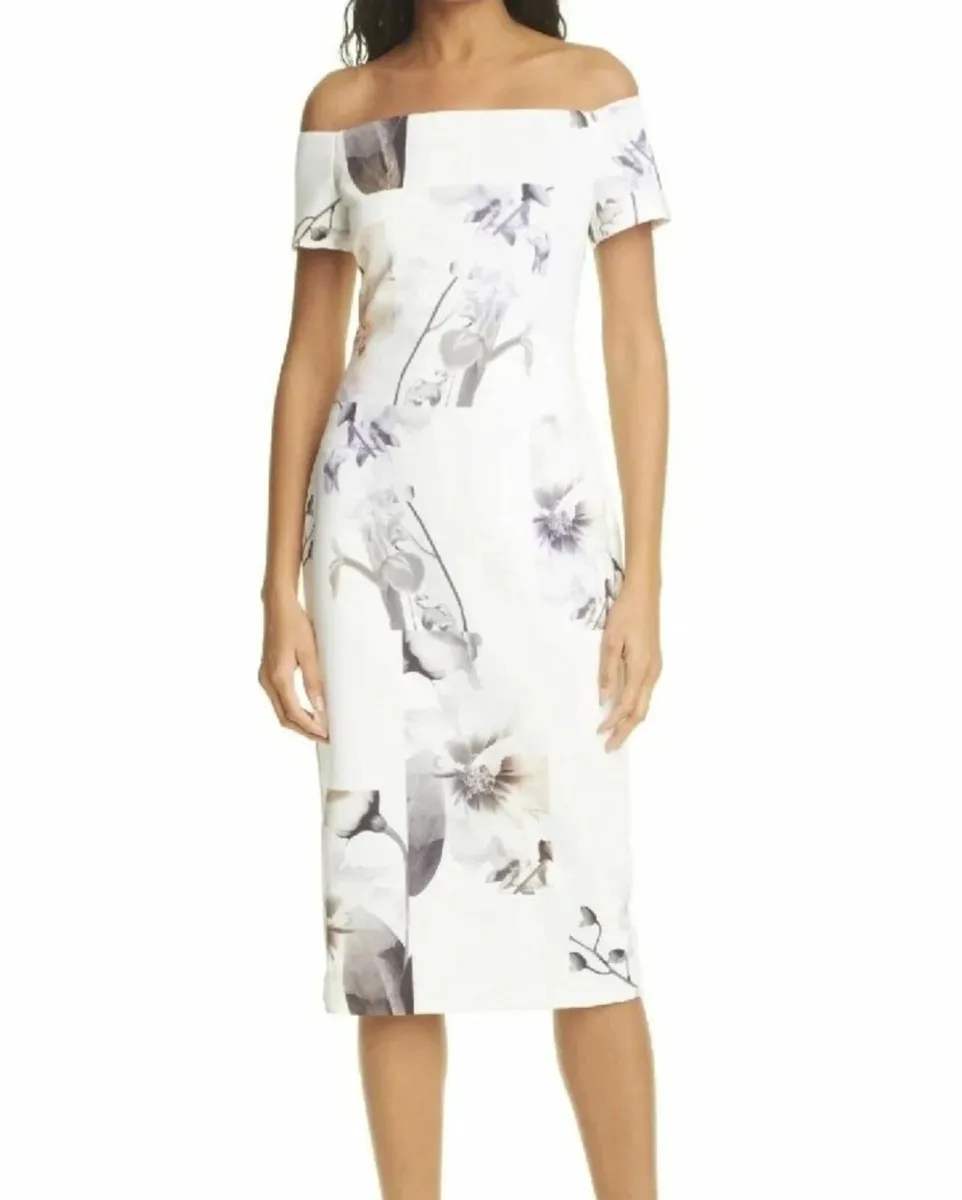 Ted Baker White Floral Bodycon Bardot Dress M/L - Image 2