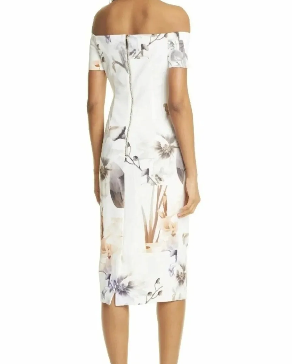 Ted Baker White Floral Bodycon Bardot Dress M/L - Image 3