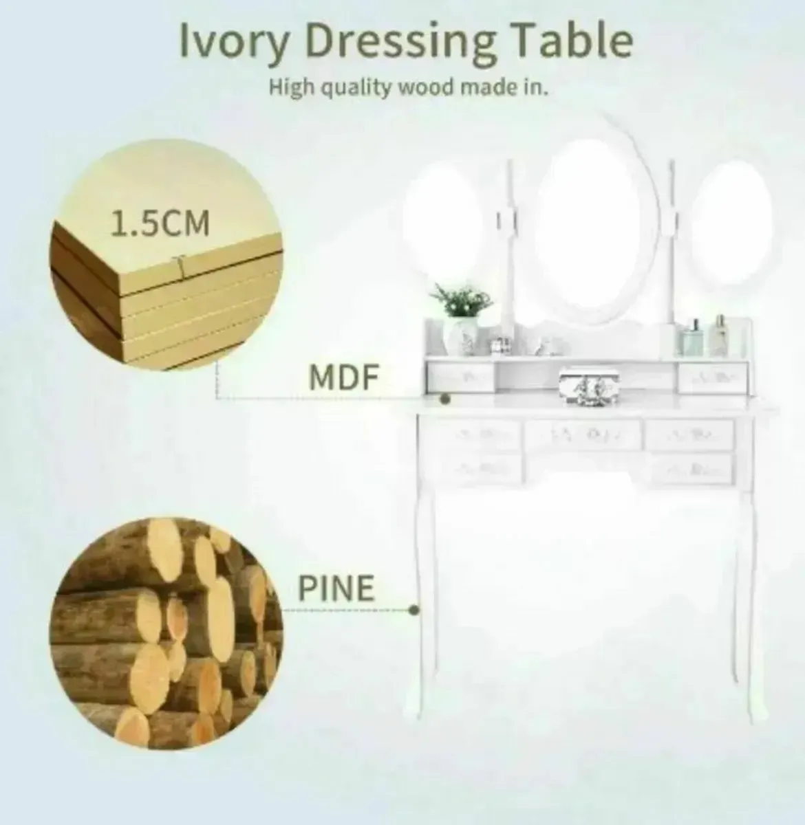 Princess Vanity Table 3 Mirrors 7 Drawer Design - Image 4