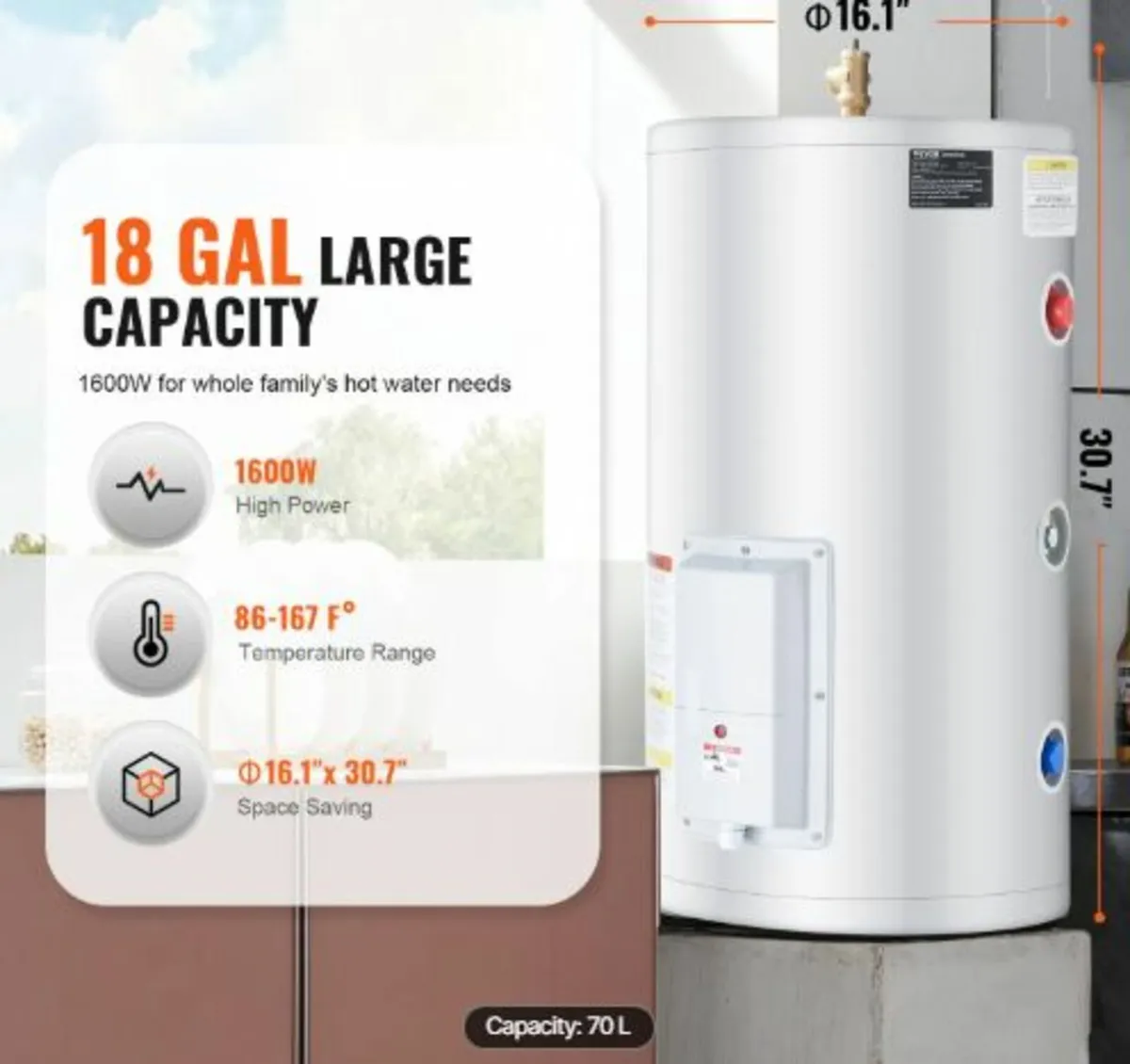 Electric Water Heater, 18 Gallon Tank Instant Hot - Image 2