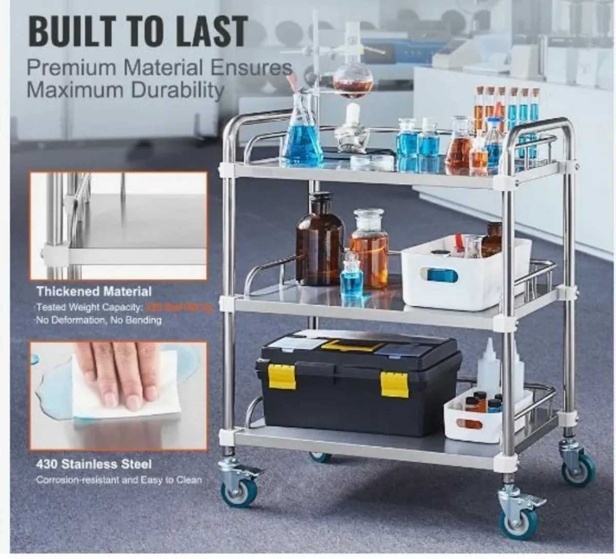 Lab Rolling Cart, 3-Shelf Stainless Steel Rolling - Image 3