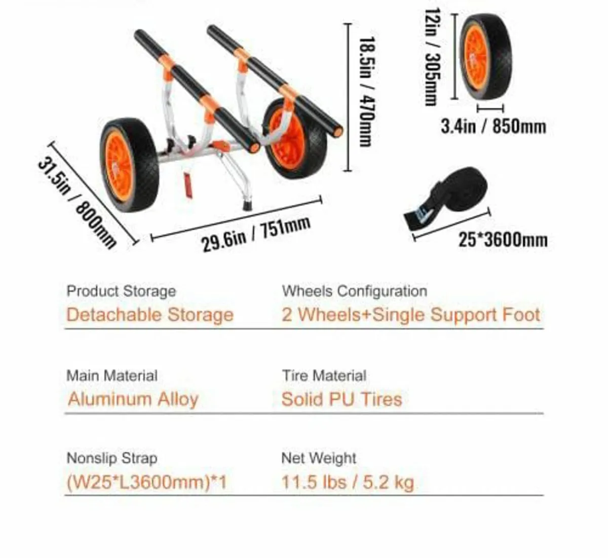 Heavy Duty Kayak Cart, 204.1 kg Load Capacity, Det - Image 2