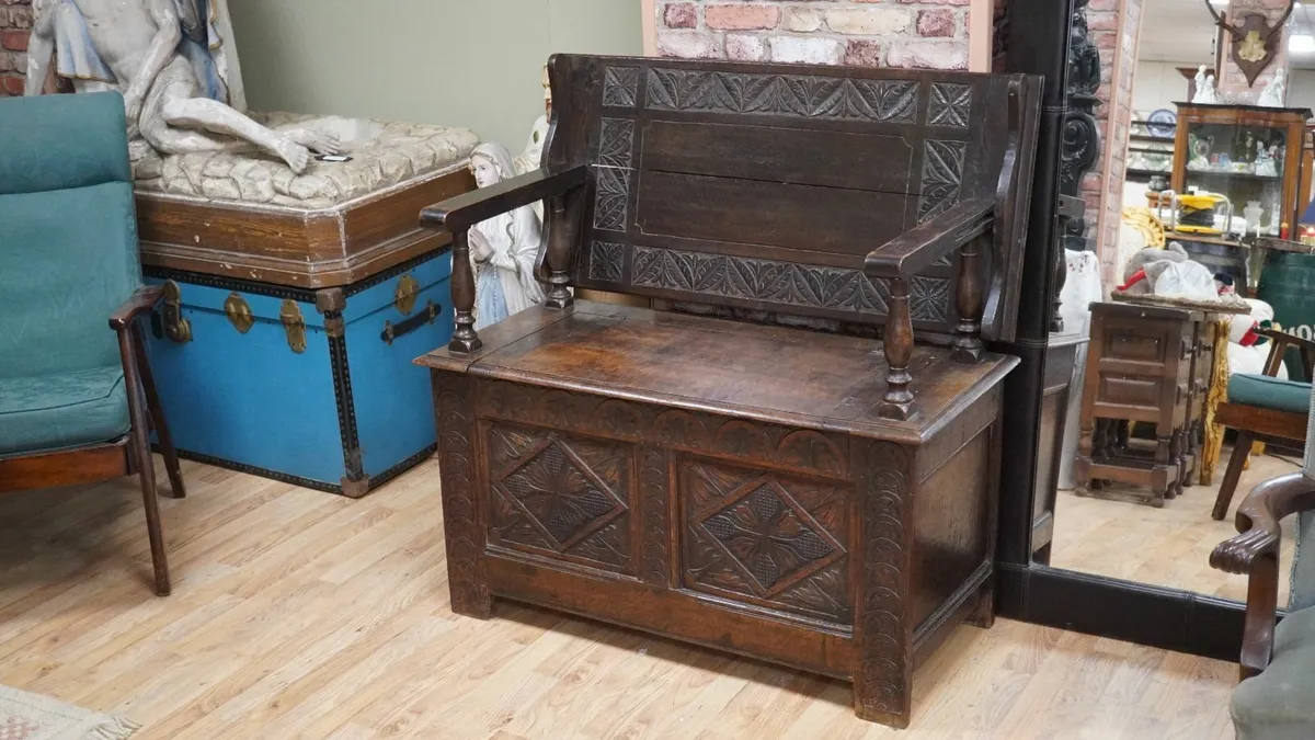 Edwardian Carved Oak Monk’s Bench Table - Image 1