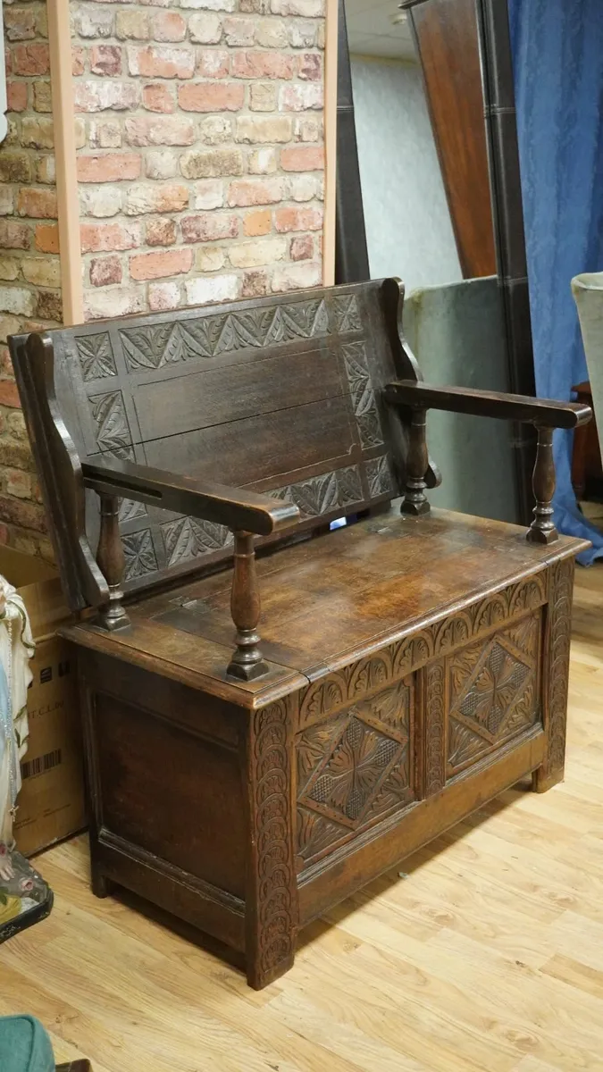 Edwardian Carved Oak Monk’s Bench Table - Image 2