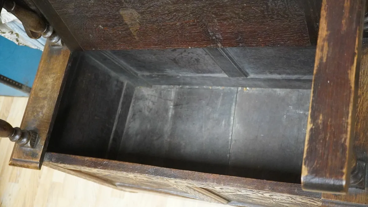 Edwardian Carved Oak Monk’s Bench Table - Image 3