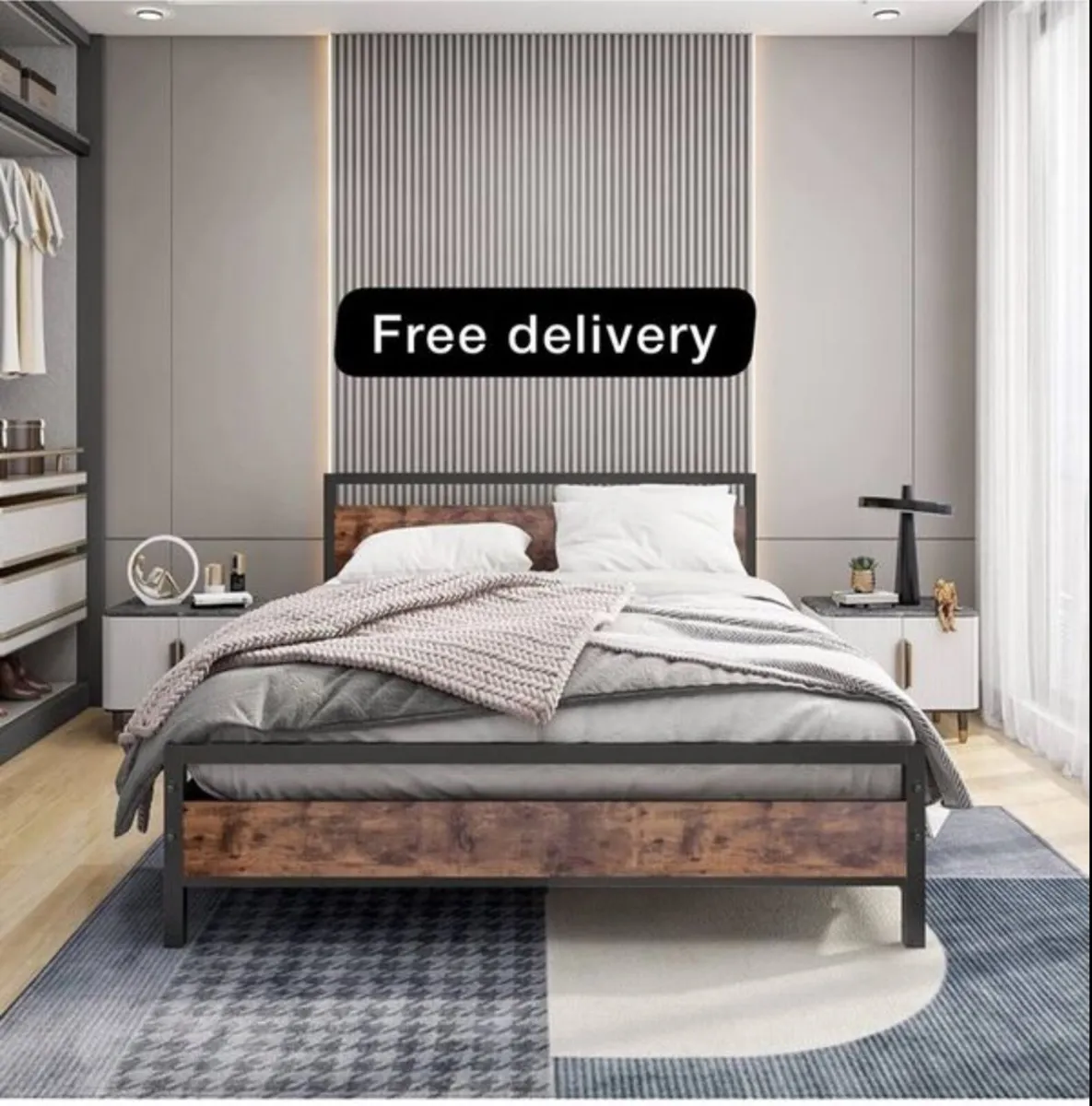 King Size Bed Frame with Wood Headboard,Heavy Duty