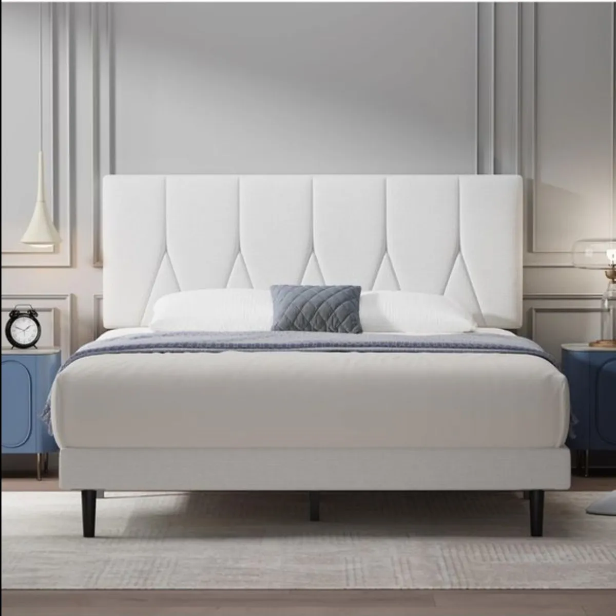 Small Double Bed Frame, White, Upholstered Wooden