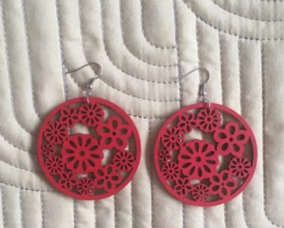 Earrings, laser cut wood - Red - Image 2