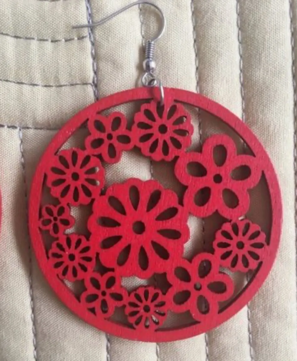 Earrings, laser cut wood - Red - Image 1