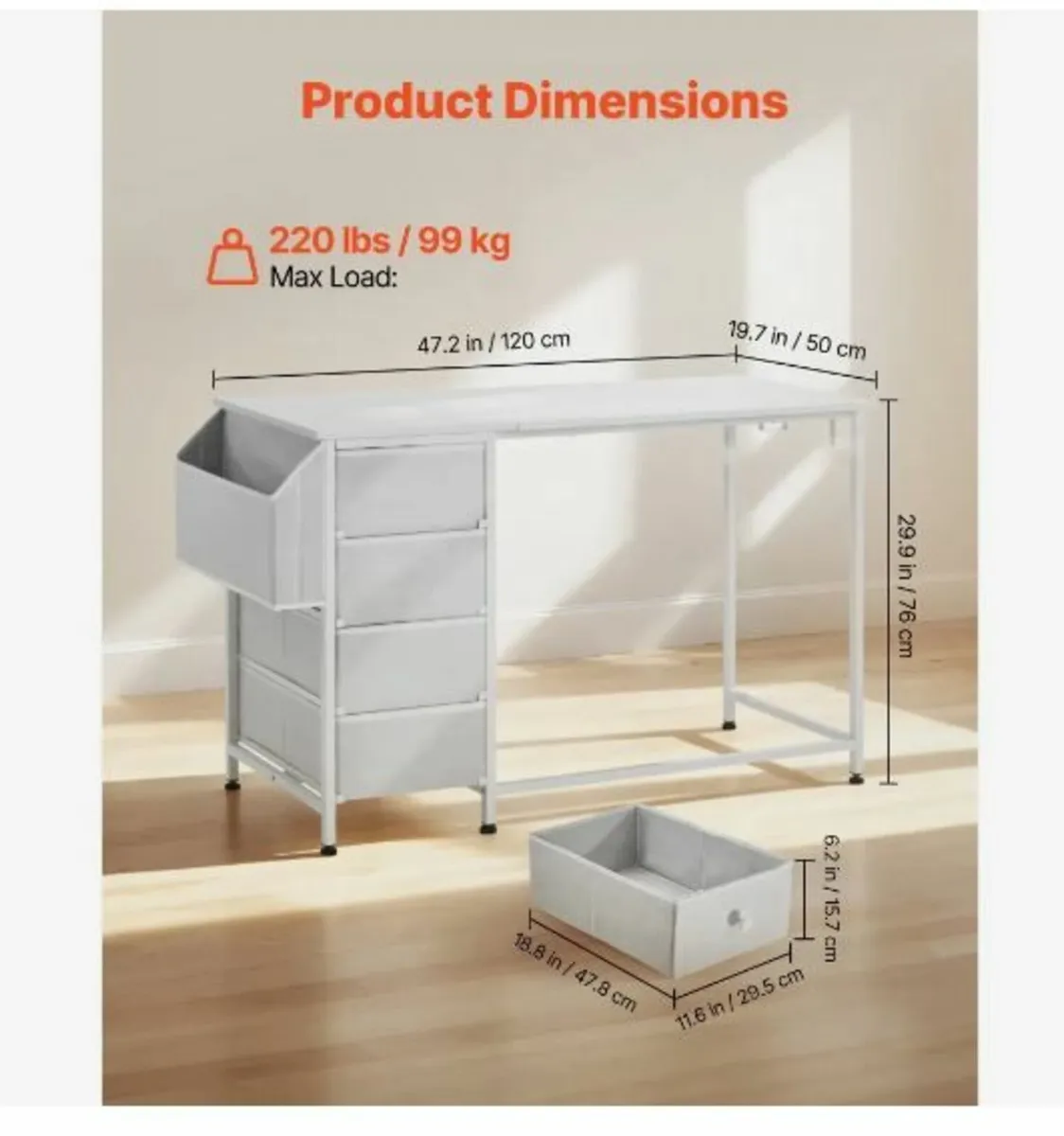 Computer Desk with Fabric Drawers, 120 cm - Image 3