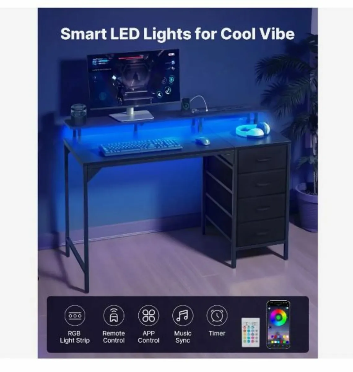 120 cm Computer Desk with Smart LED Lights - Image 3