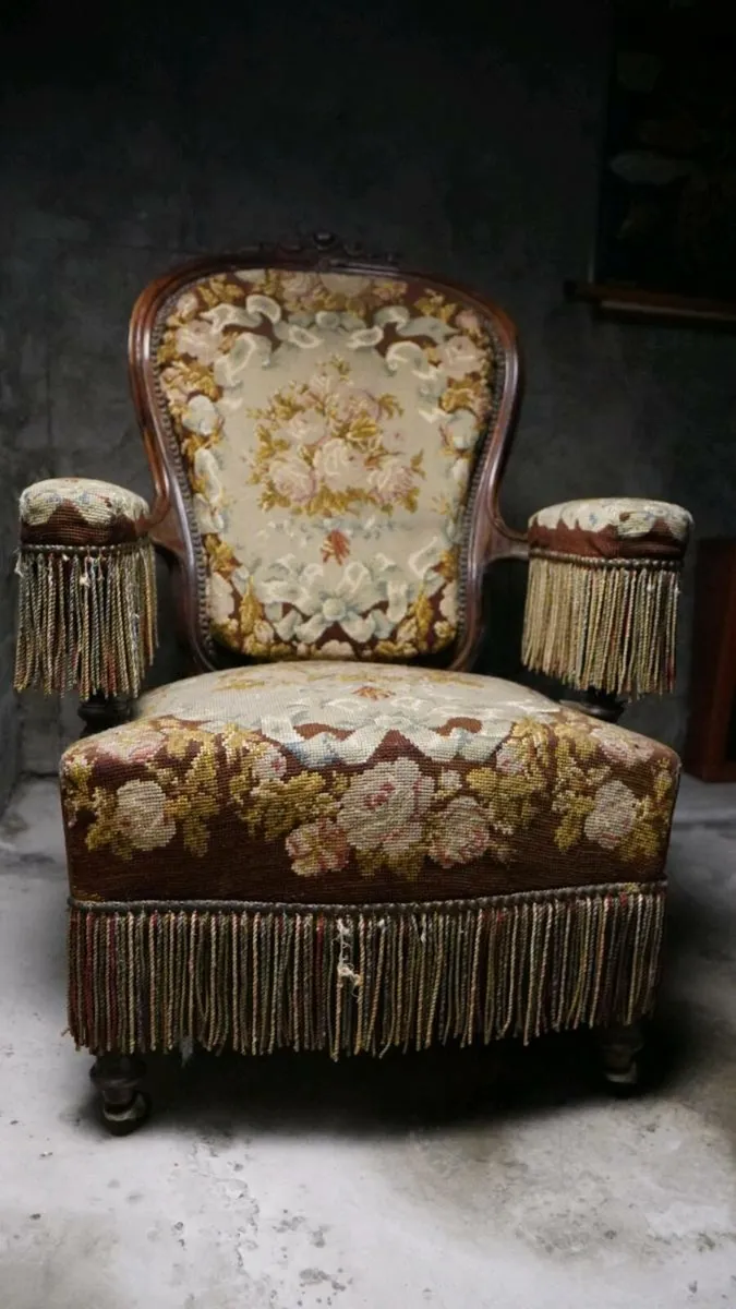 Antique French Tassel Walnut Carpet Armchair - Image 1