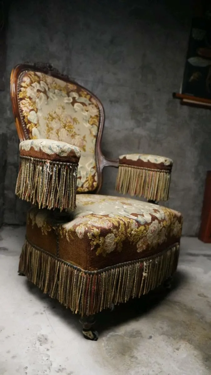 Antique French Tassel Walnut Carpet Armchair - Image 2
