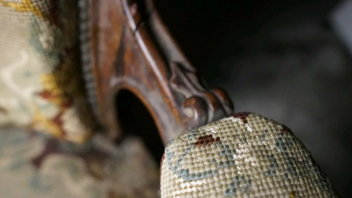 Antique French Tassel Walnut Carpet Armchair - Image 3