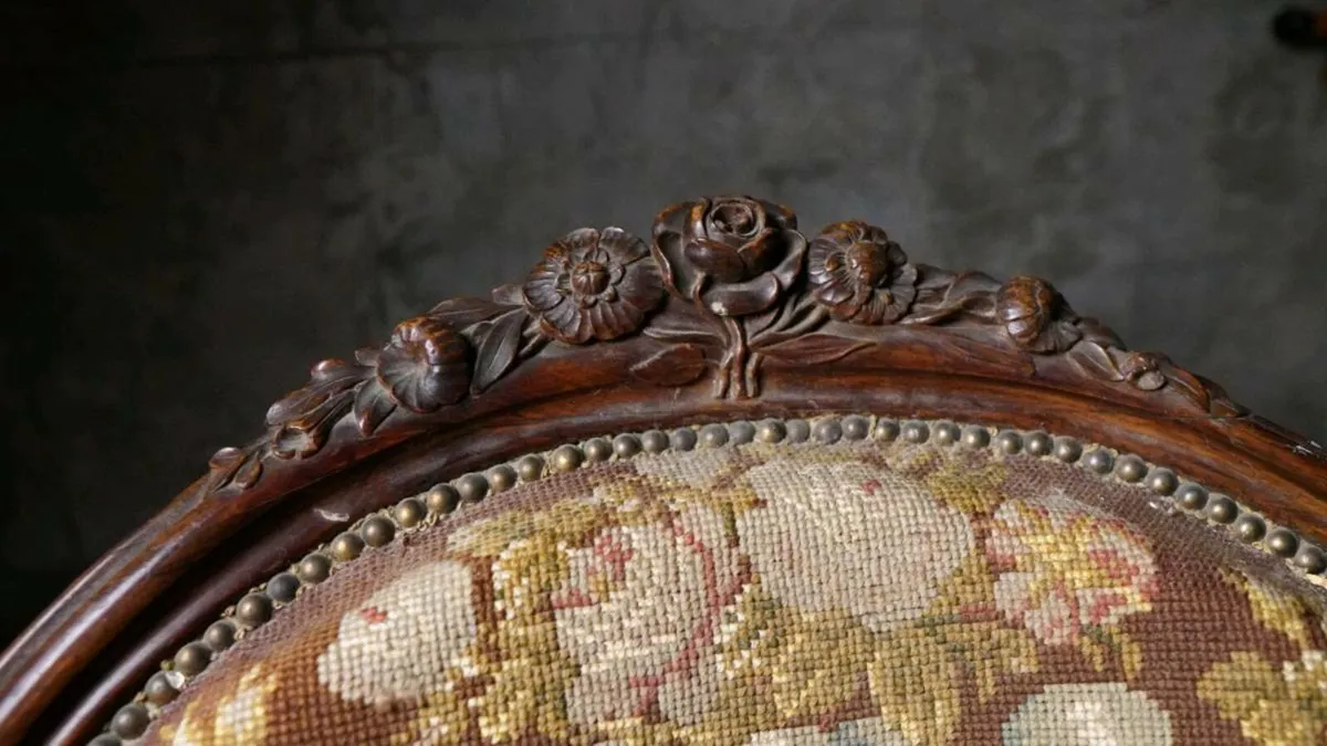 Antique French Tassel Walnut Carpet Armchair - Image 4