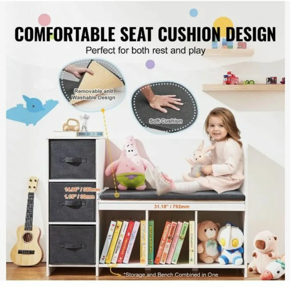 Kids Reading Nook Bench, Toddler Bookshelf - Image 4