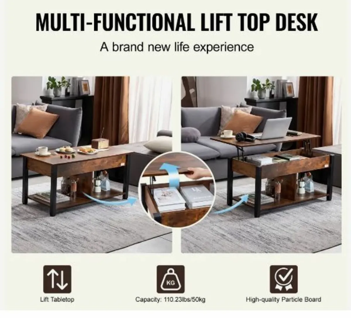 Lift Top Coffee Table, 41.7 in Rectangle - Image 2
