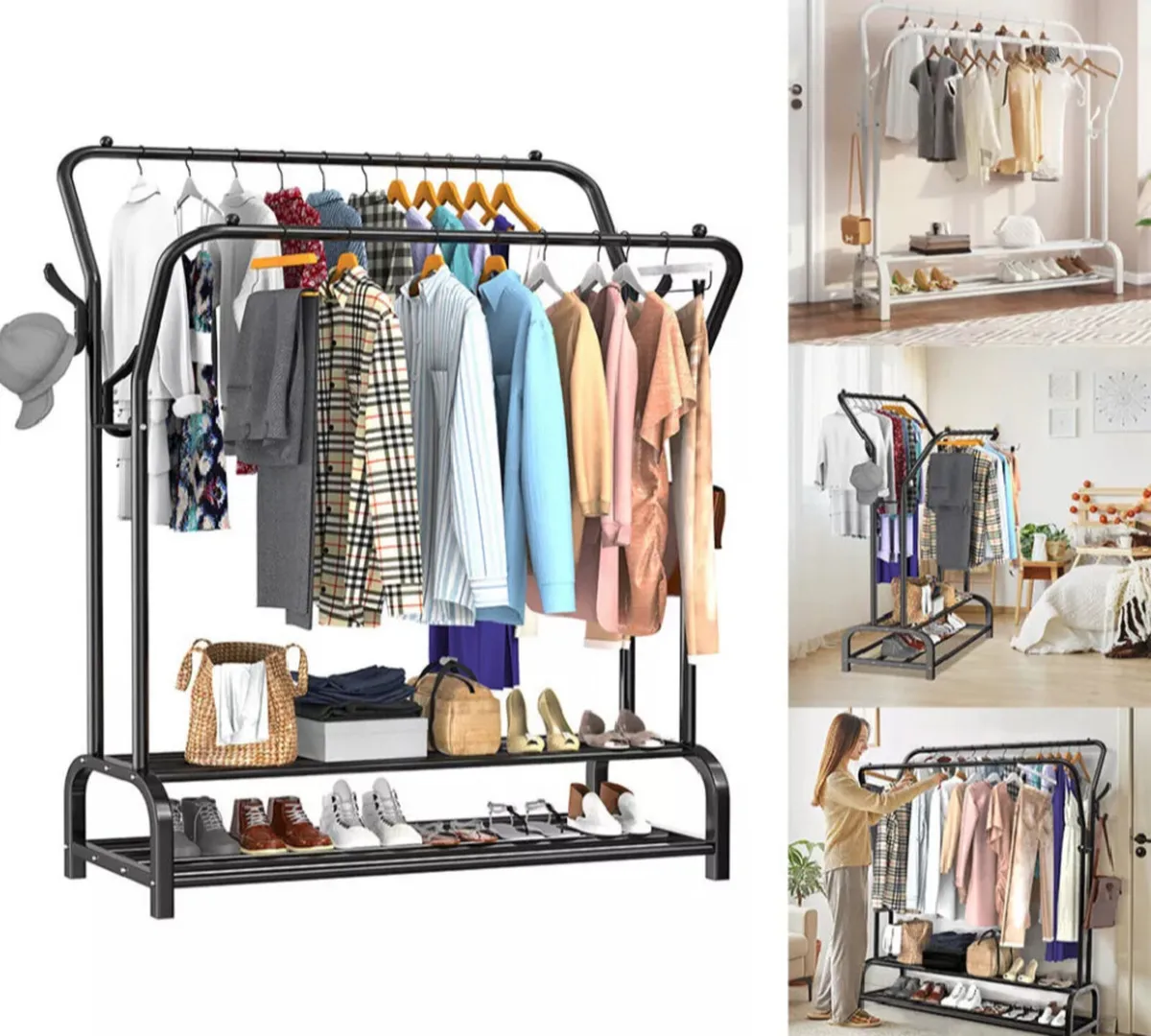 Metal Double Rail Clothes Garment Rack & Shelves - Image 1