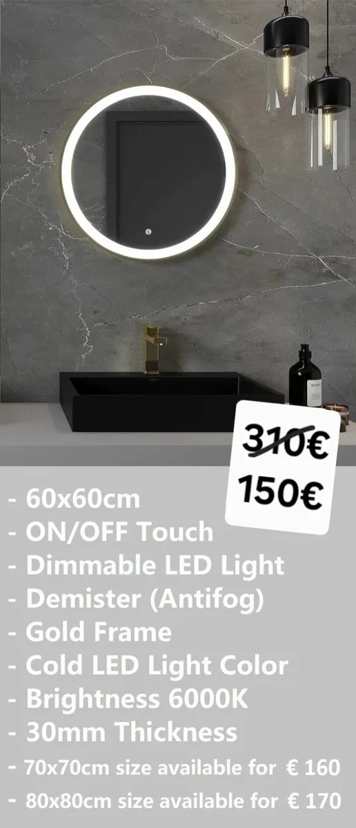 LED Bathroom Mirror Gold Antifog Defogger - Image 1