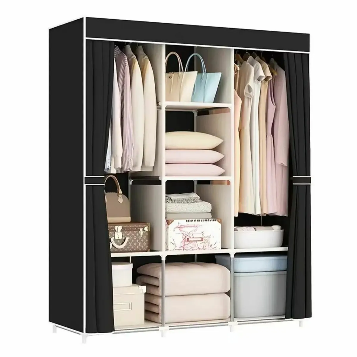 Metal Frame Wardrobe Cabinet with Hanging Rods - Image 4