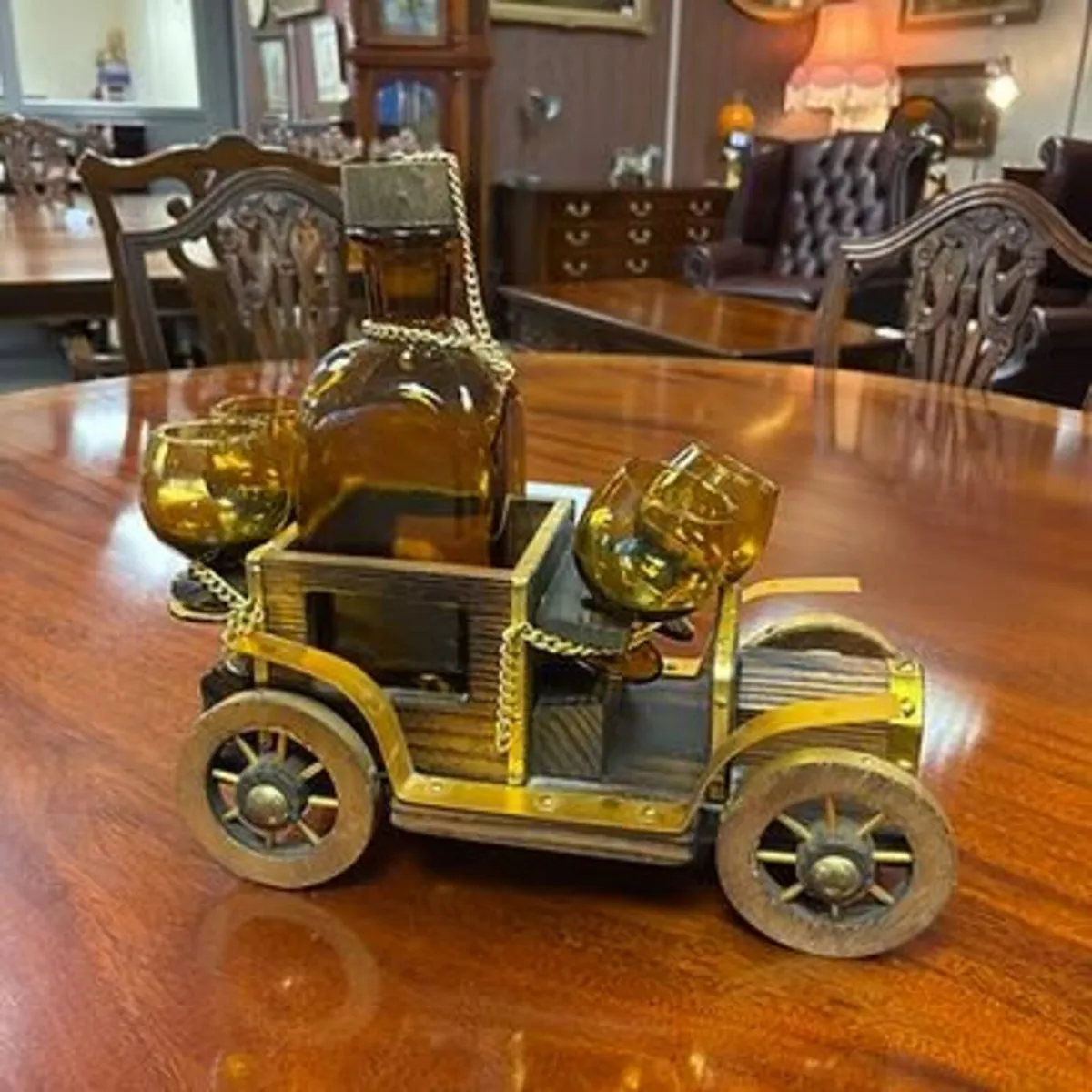 Vintage wooden car decanter set with decanter & fo