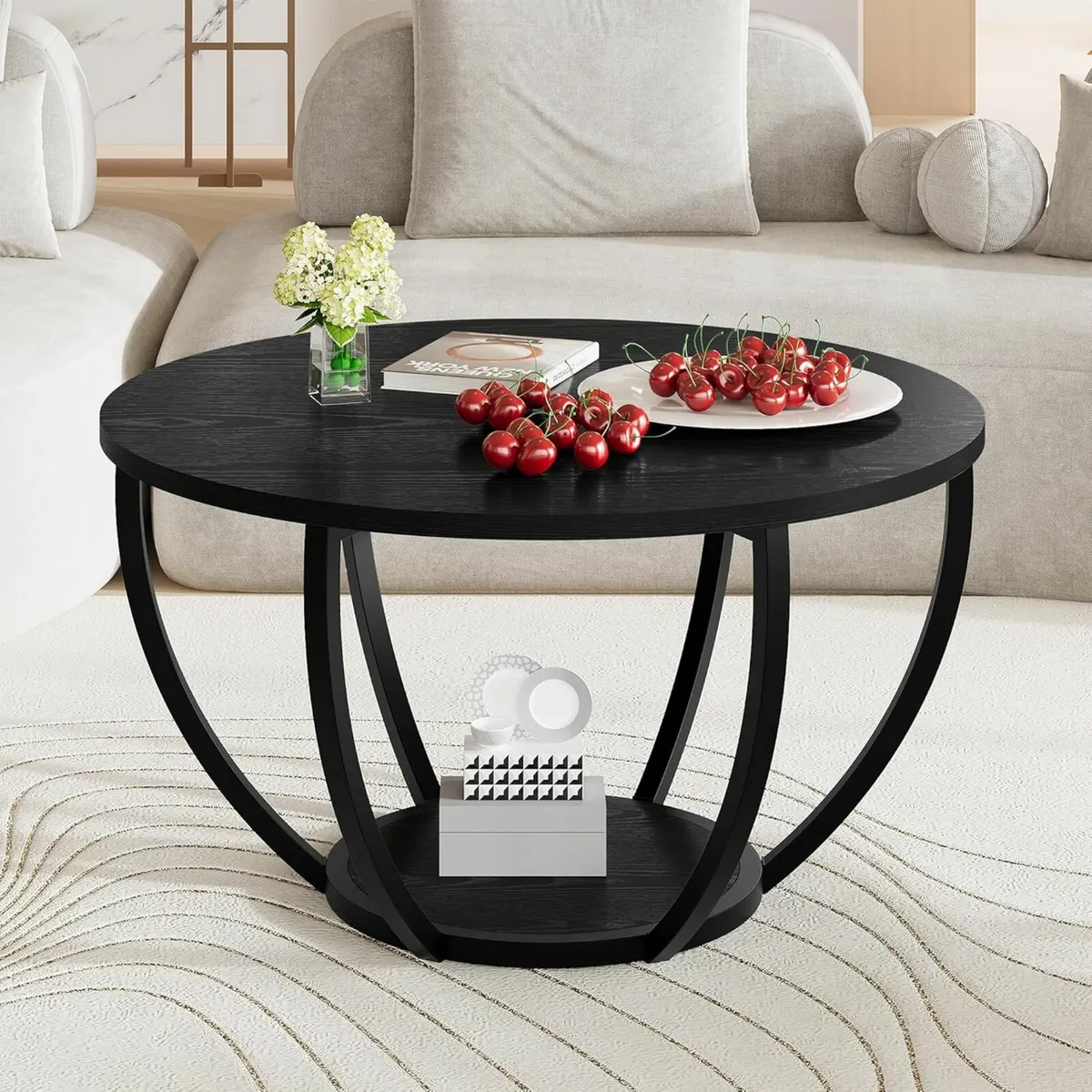 Round Coffee Table Wooden 2-Tier Circle Storage - Image 3