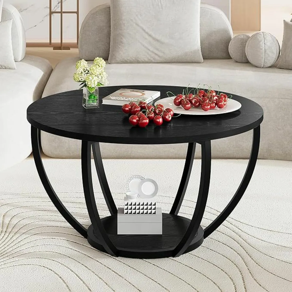 Round Coffee Table Wooden 2-Tier Circle Storage - Image 4