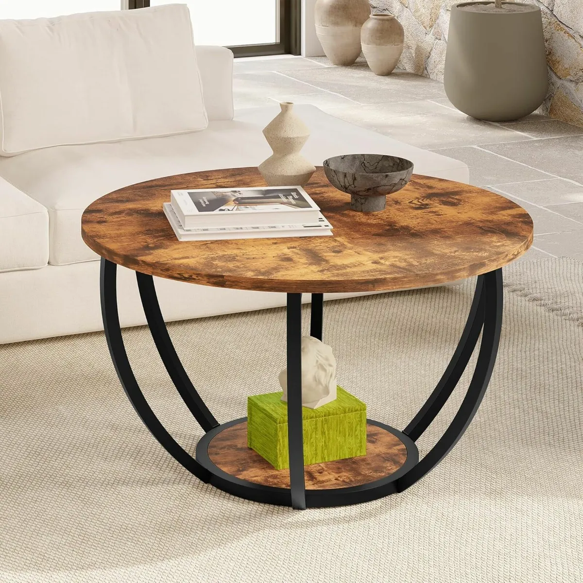 Round Coffee Table Office Storage 2-Tier Wood - Image 1