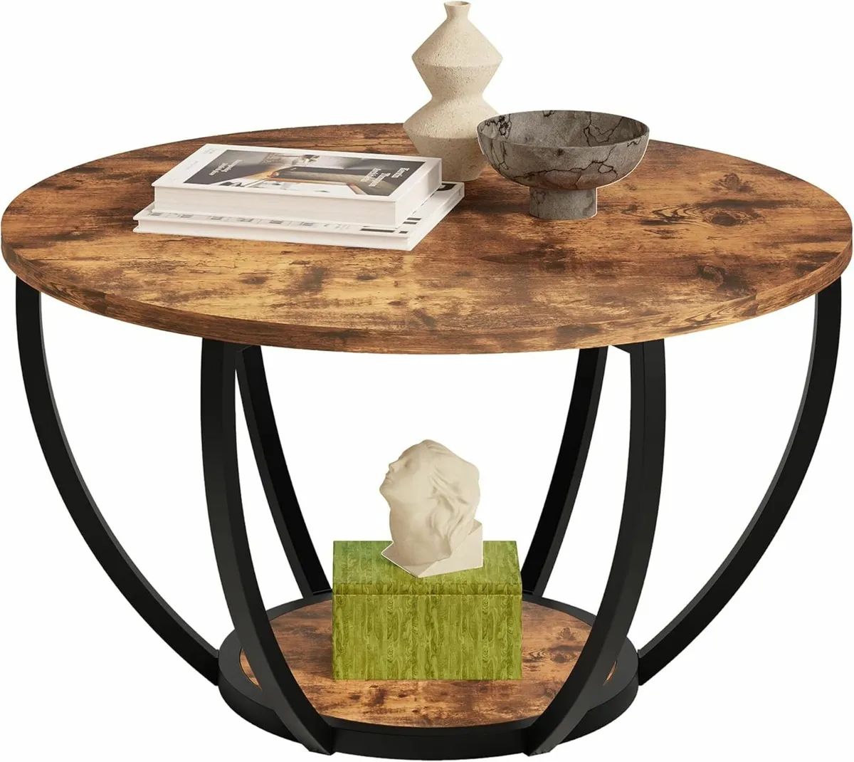 Round Coffee Table Office Storage 2-Tier Wood - Image 3