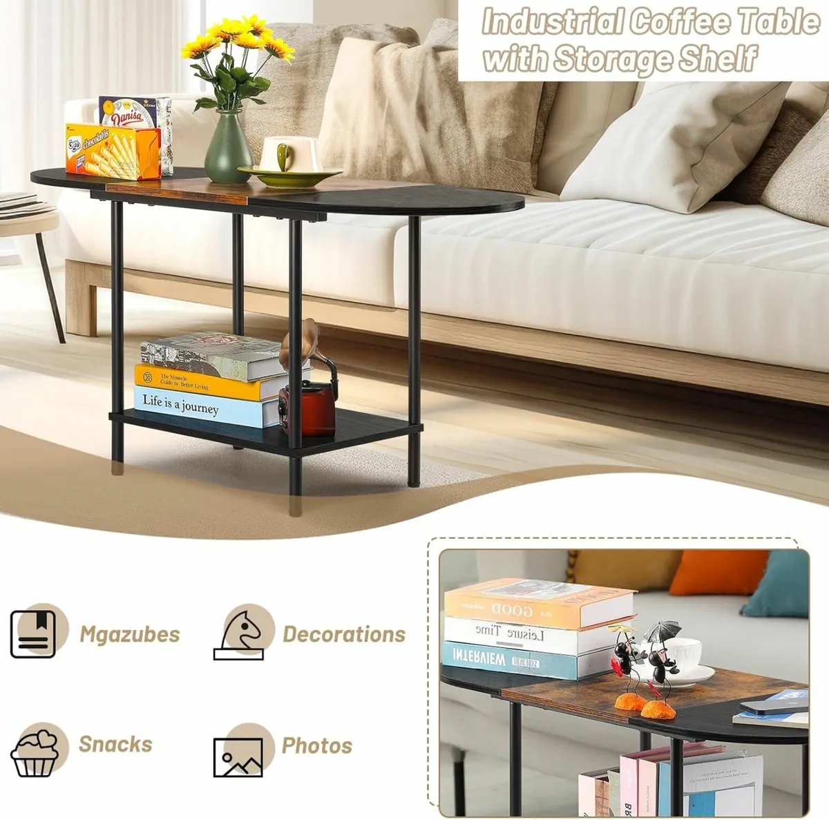 Coffee Table Living Room Storage Shelf Office - Image 3