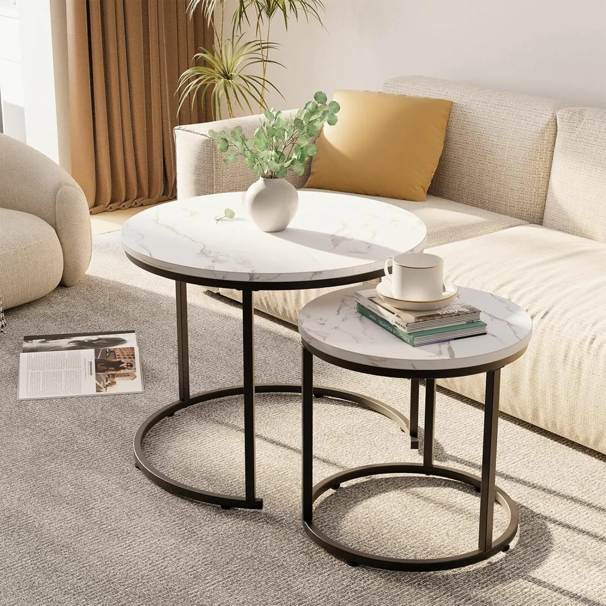 Round Coffee Tables, Set of 2 End Table White - Image 1
