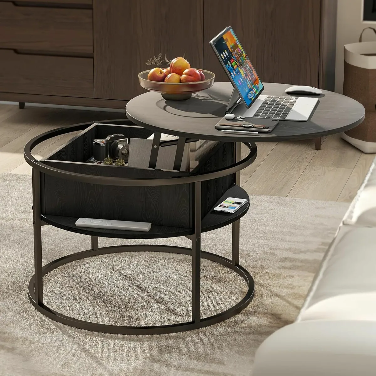 Wooden Round Coffee Table Lift Top Laptop Use - Image 3
