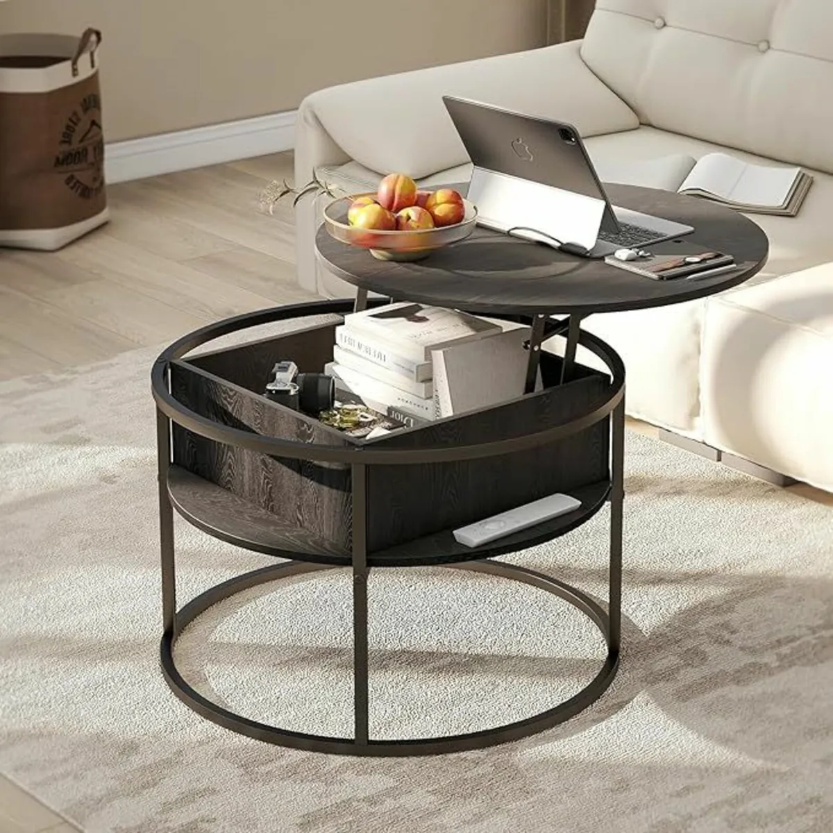 Wooden Round Coffee Table Lift Top Laptop Use - Image 1